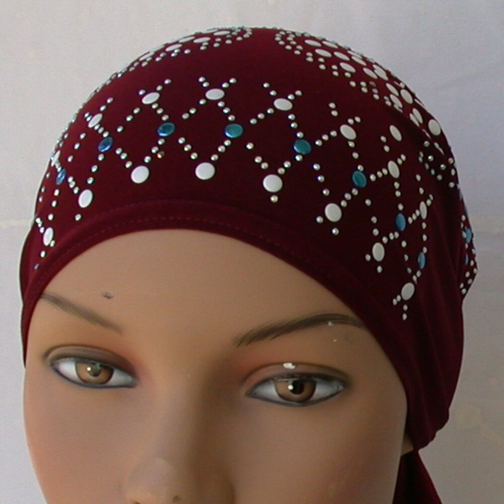 BURGUNDY Pre-Tied Stud Chemo Cap Slip On Bonnet Hijab Undercap # 1